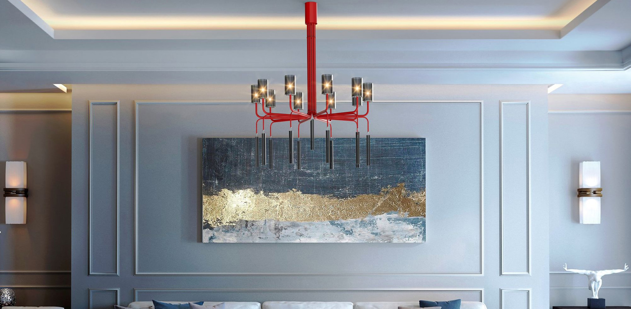 Red and black chandelier in modern interior