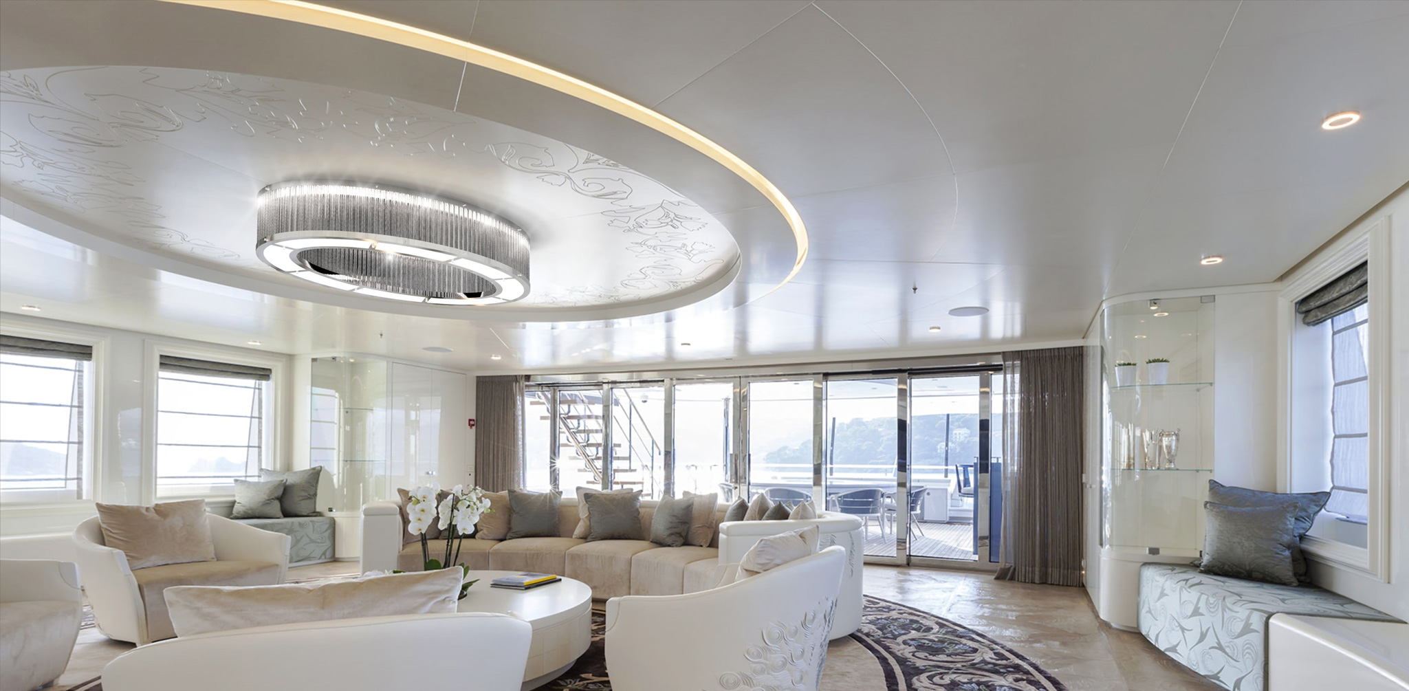 Round and oval luminaire inspired by Art Deco specially made for yachts 