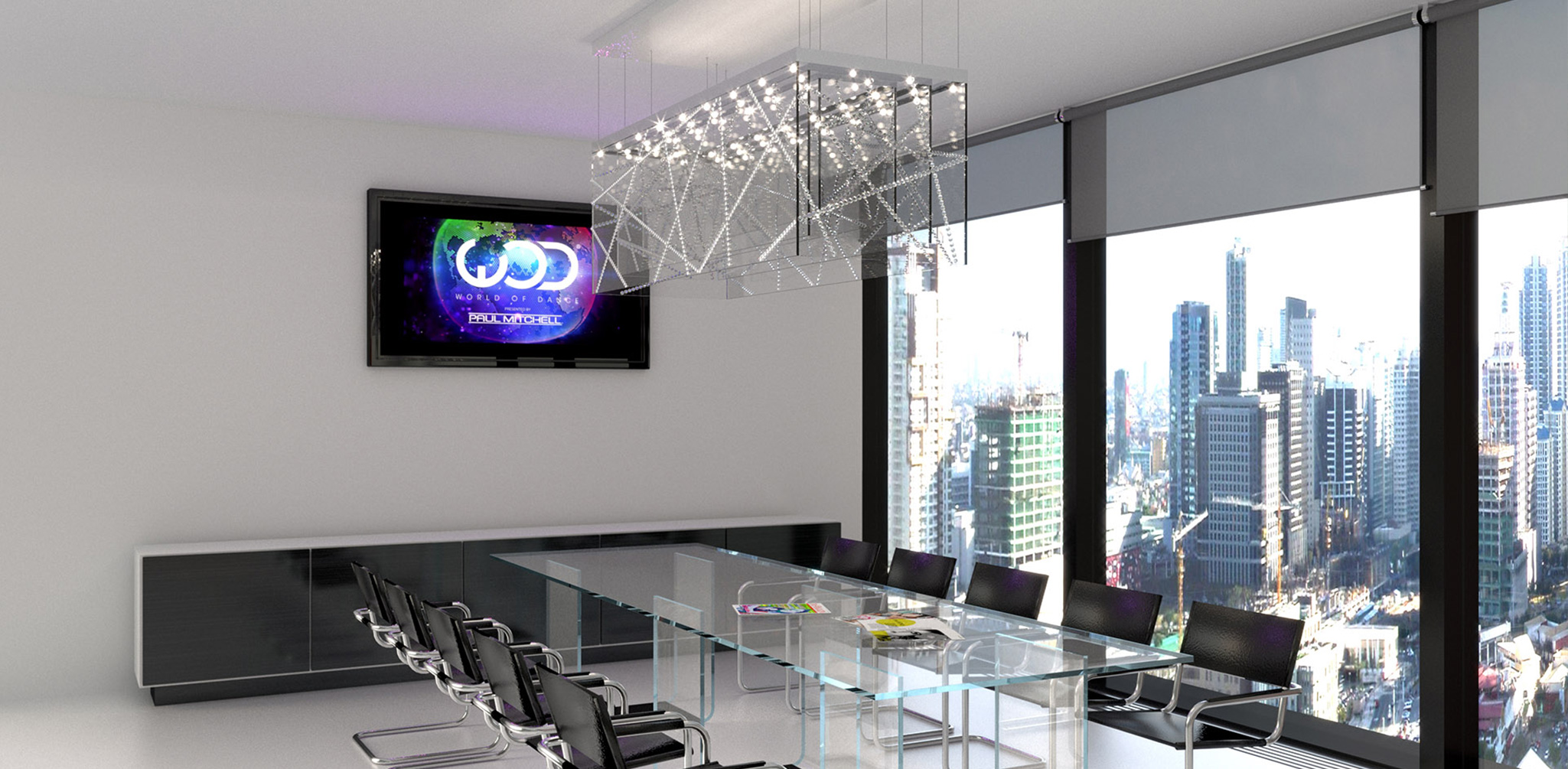 office with large modern chandelier