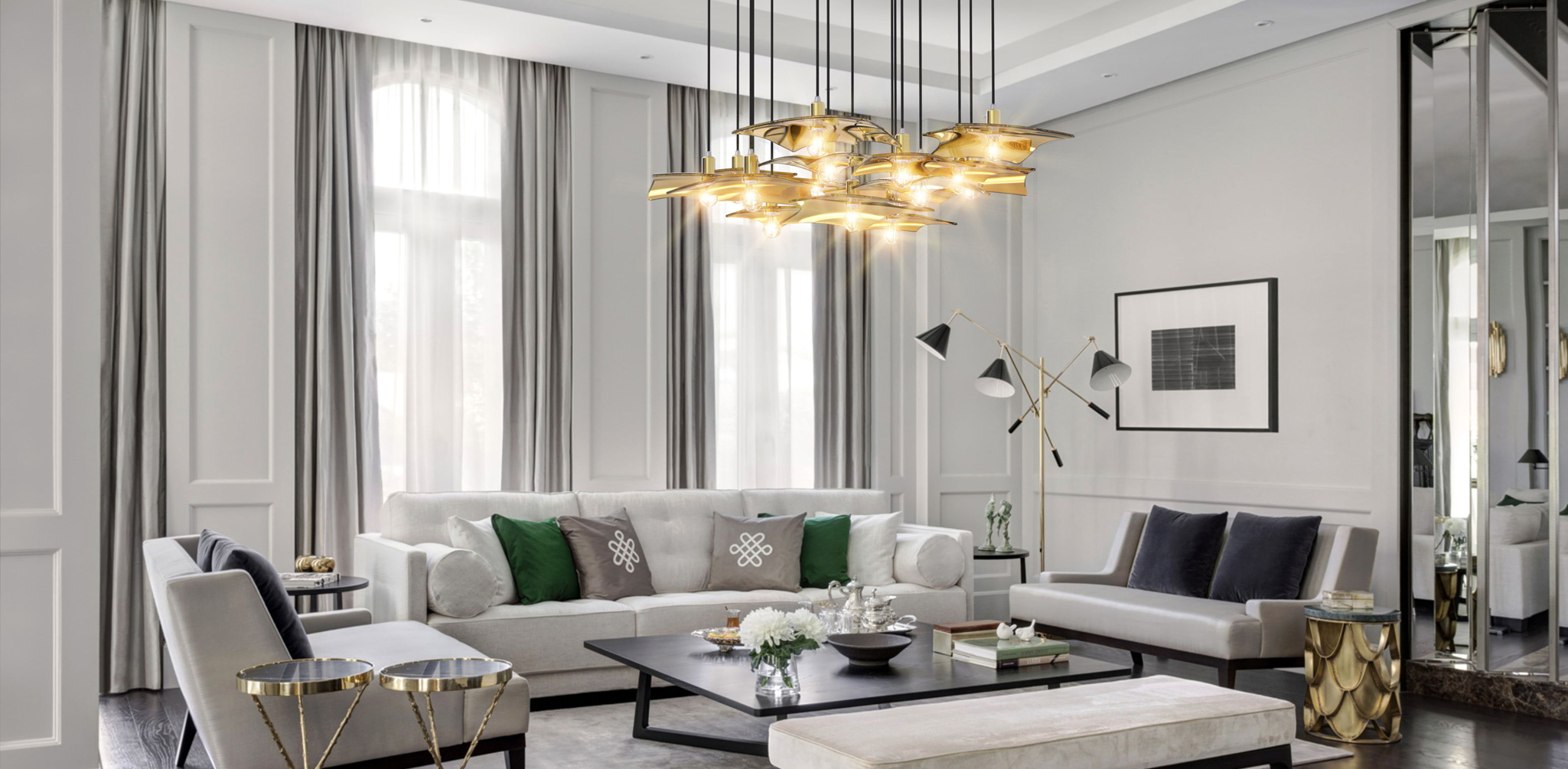 Bloom golden chandelier hanging in modern interior