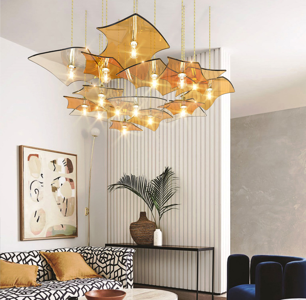 Bloom golden chandelier hanging in cozy interior