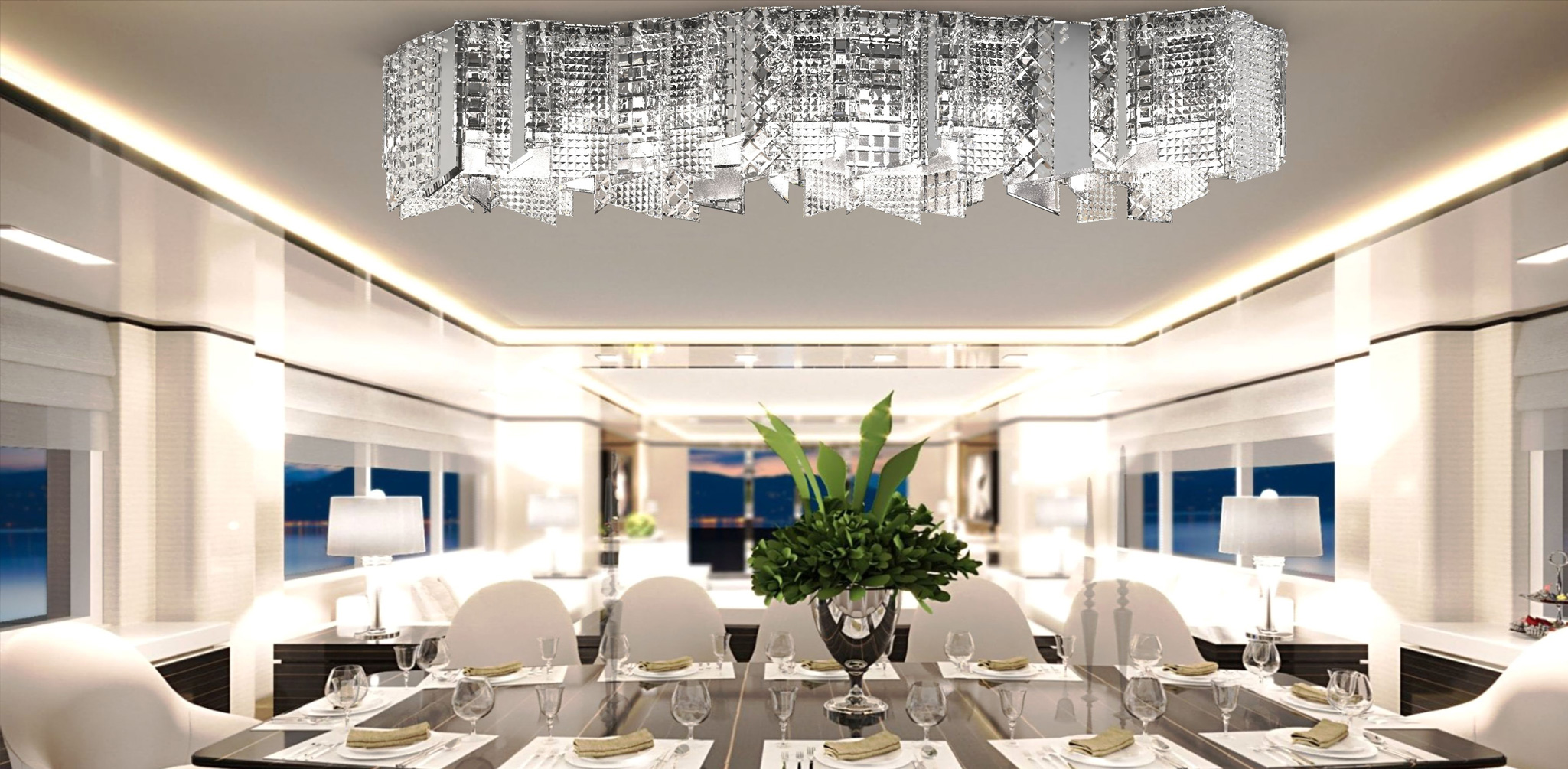 Modern art deco chandelier in yacht interior