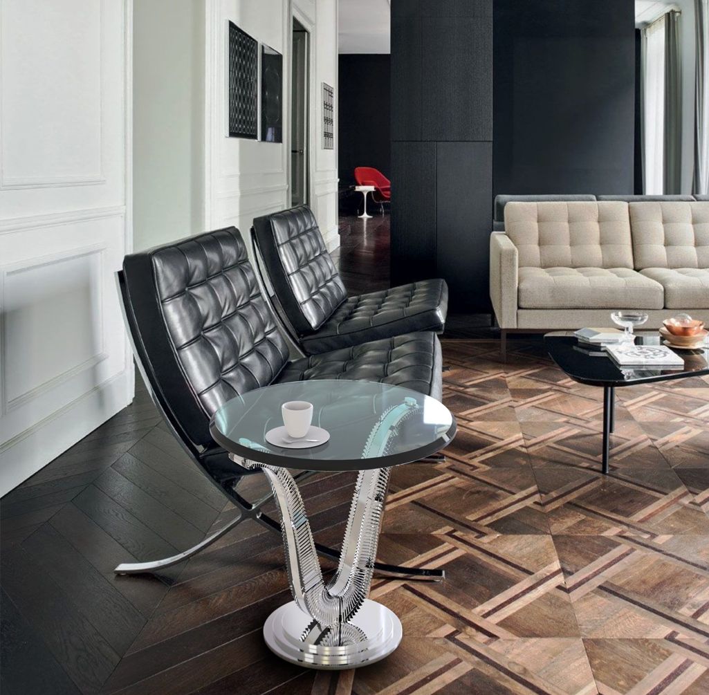 Rounded glass and metal Harp table in minimal interior