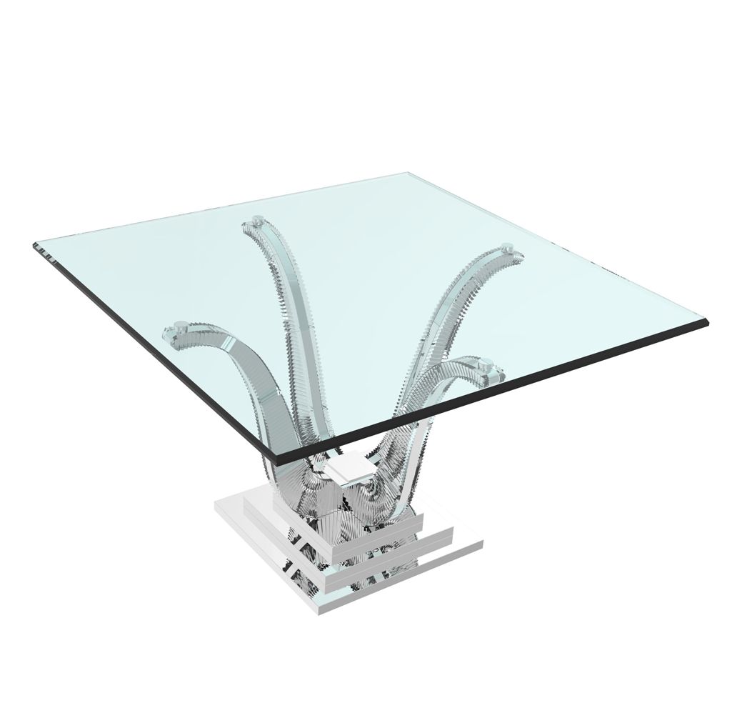 Square glass and metal Harp table on white background