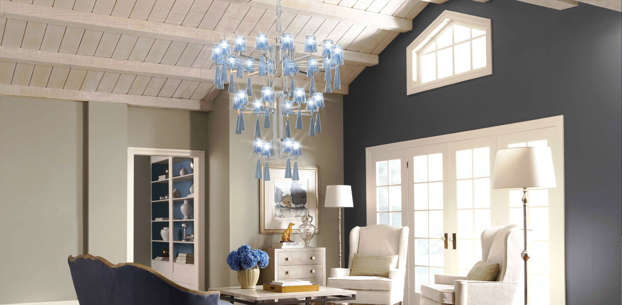 Luxury blue glass/metal chandelier in light modern interior