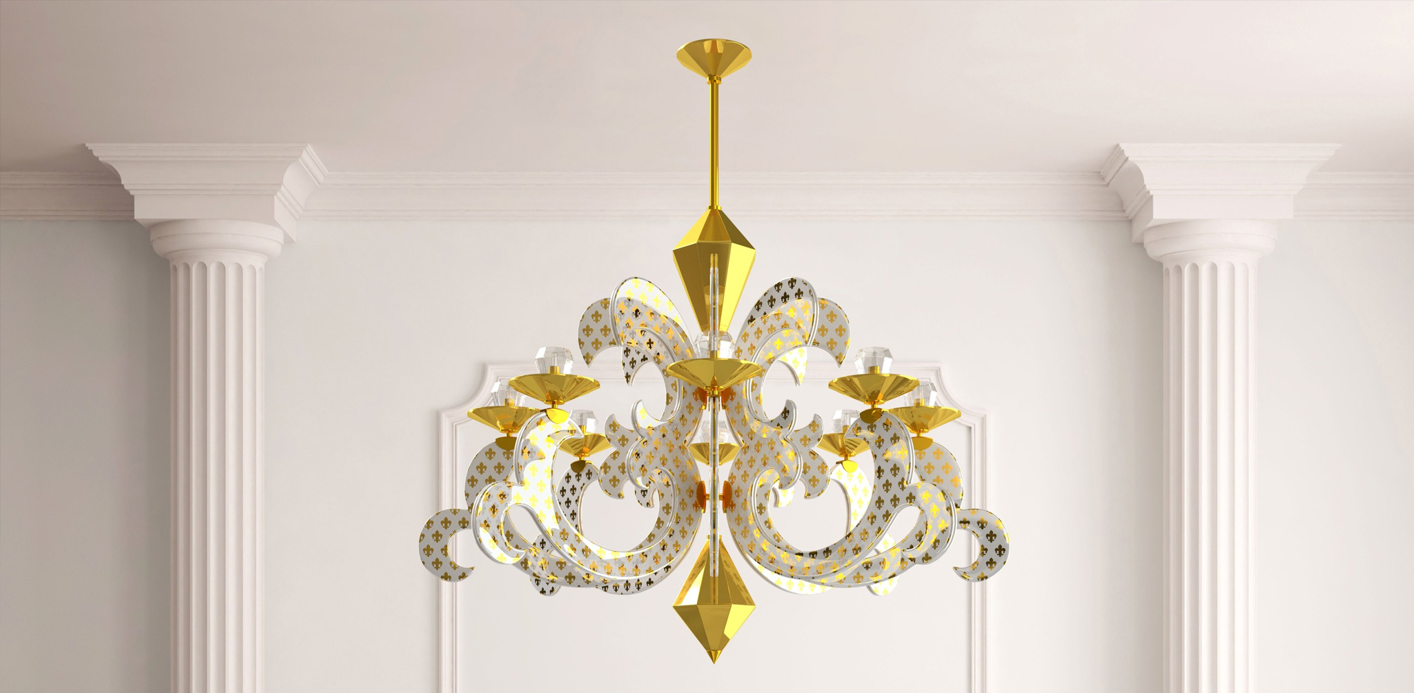 Luxury white and gold Lila chandelier in white interior with collums 
