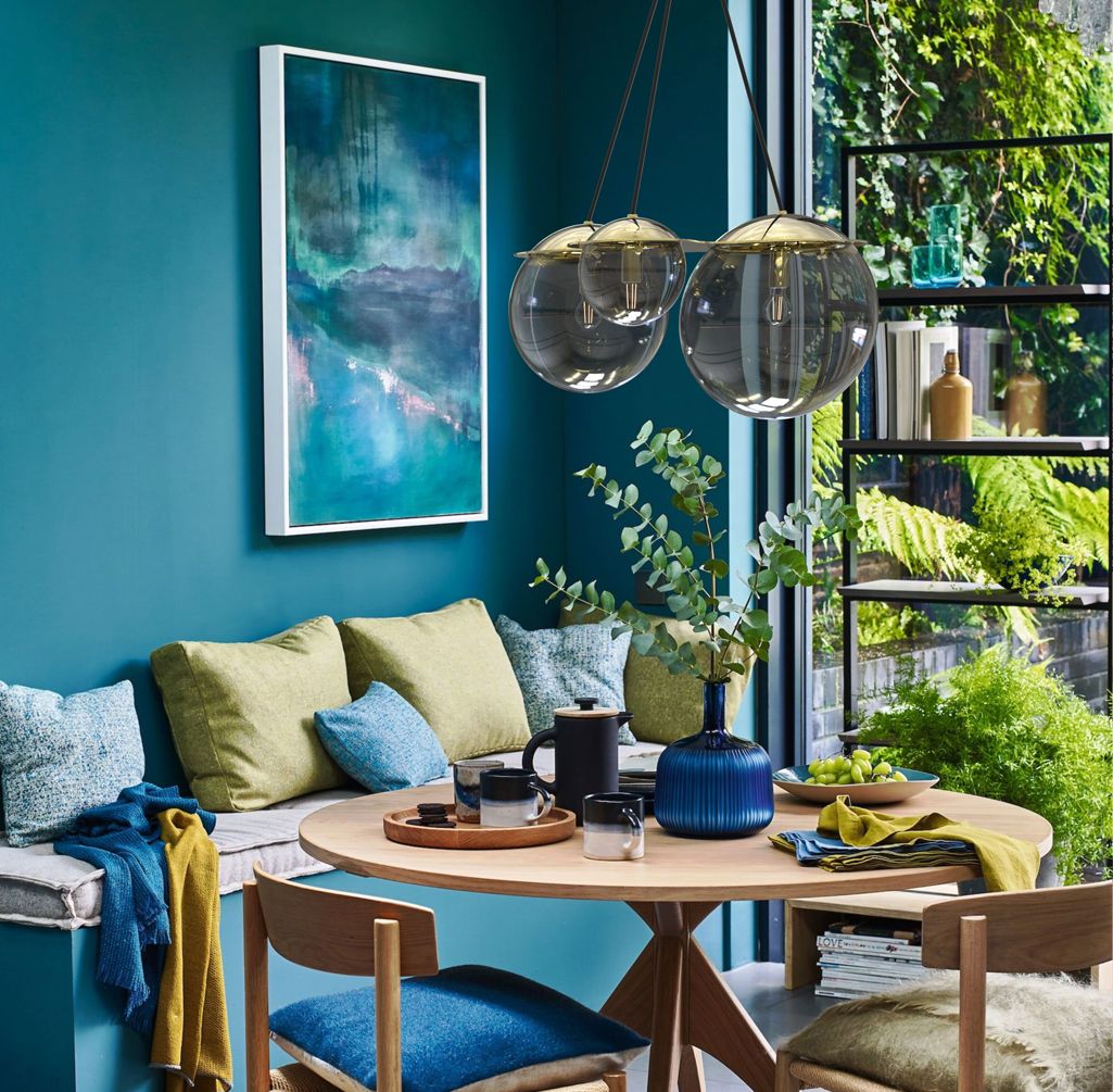 Vibrant blue interior with luxury minimal lighting Lota